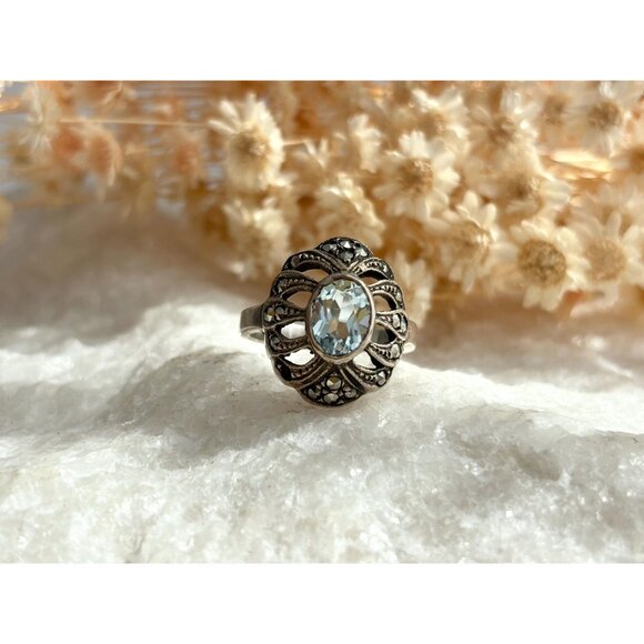 Aquamarine Semi-Precious Marcasite 925 Sterling Silver Vintage Ring - sz 6 - Picture 8 of 11